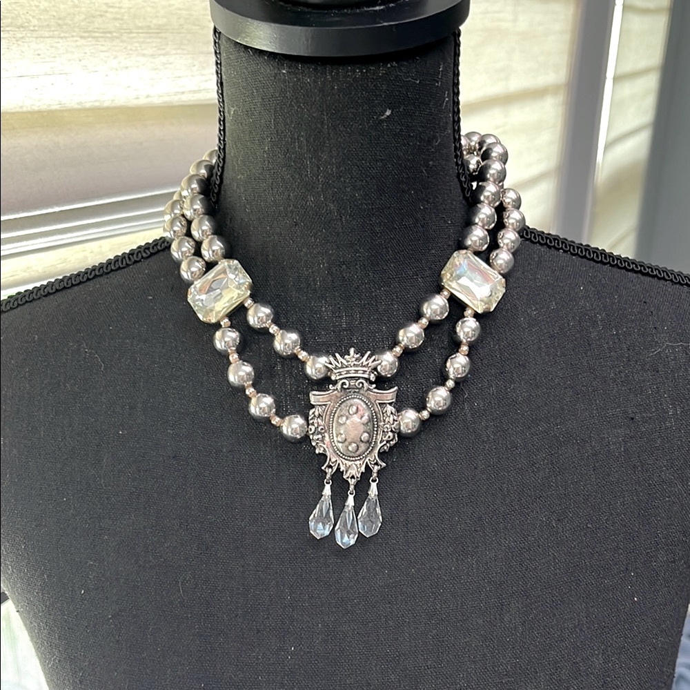 Elegant Double Strand Silver and Crystal Statement Necklace